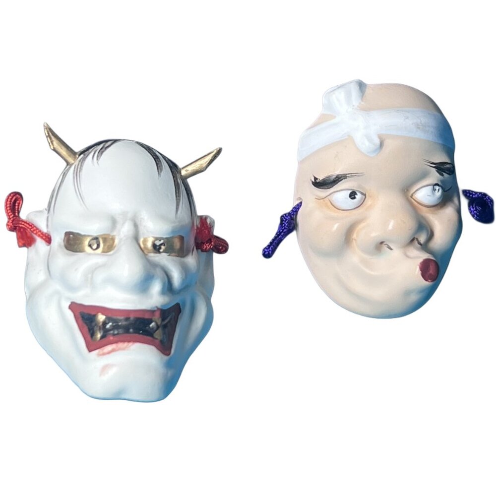 Japan antique porcelain pottery Mini Hannya Demon & Hyottoko pucker up 2" Masks